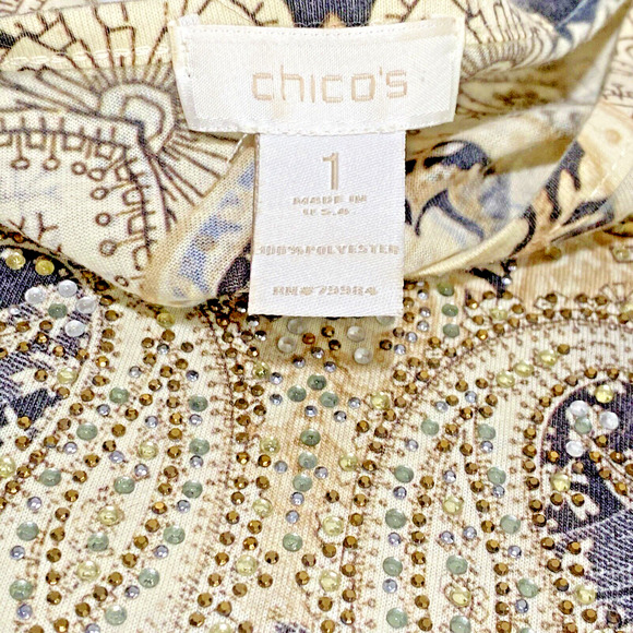 Chico’s Sz 1 (M-8) Casual Tunic Top Black Beige Rhinestone Embellished Neckline - Picture 7 of 7